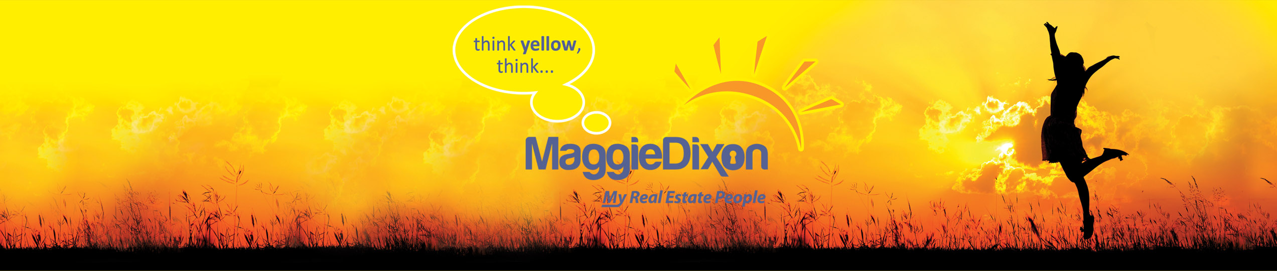 think yellow, think maggie dixon my real estate people. Girl's silhouette jumping as the sun sets