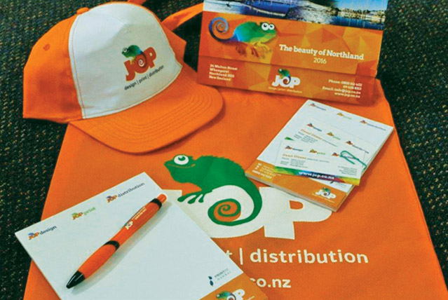 JOP orange cap, calendar, pen, bag, notepad and business cards